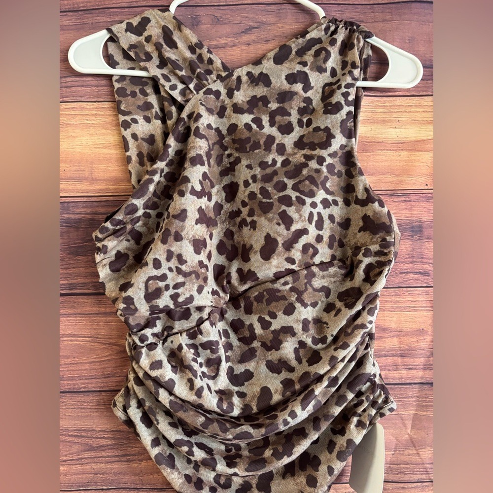 Tyssedal Studio Leopard Print Ruched Crossover Halter Bodysuit Brown Tan Large - Picture 4 of 9